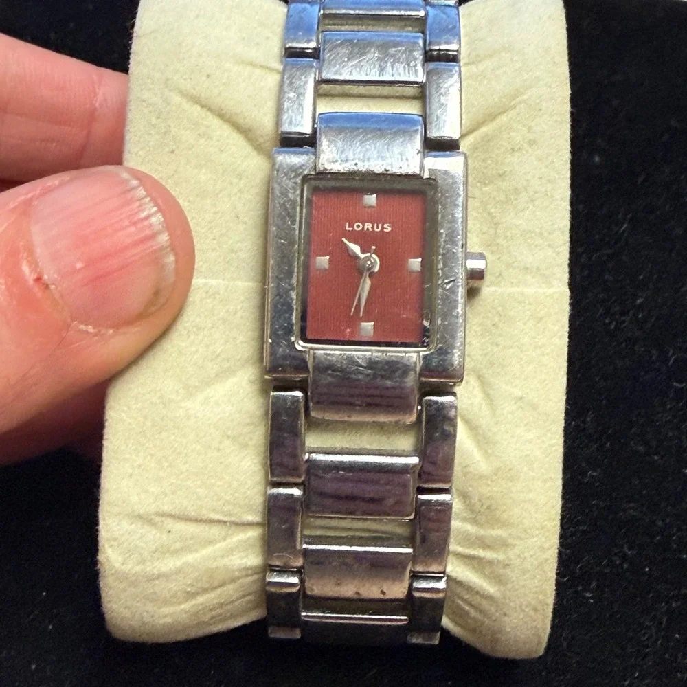 Lorus Womens Watch Silver Tone Rectangle Case Red Textured Dial Japan Movt Works